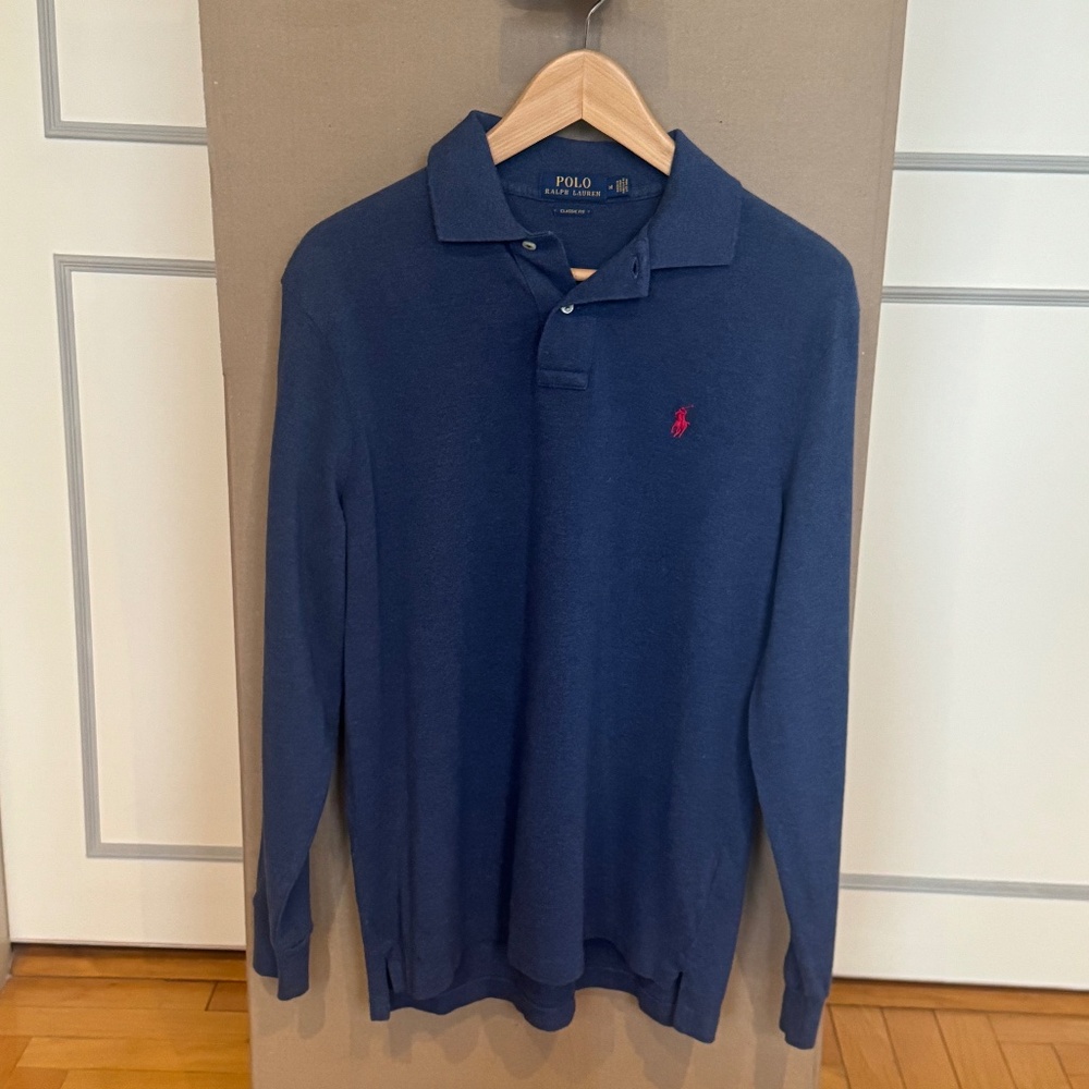 Ralph Lauren Mesh Classic Fit Long-Sleeve Navy Heather Polo Shirt Size M